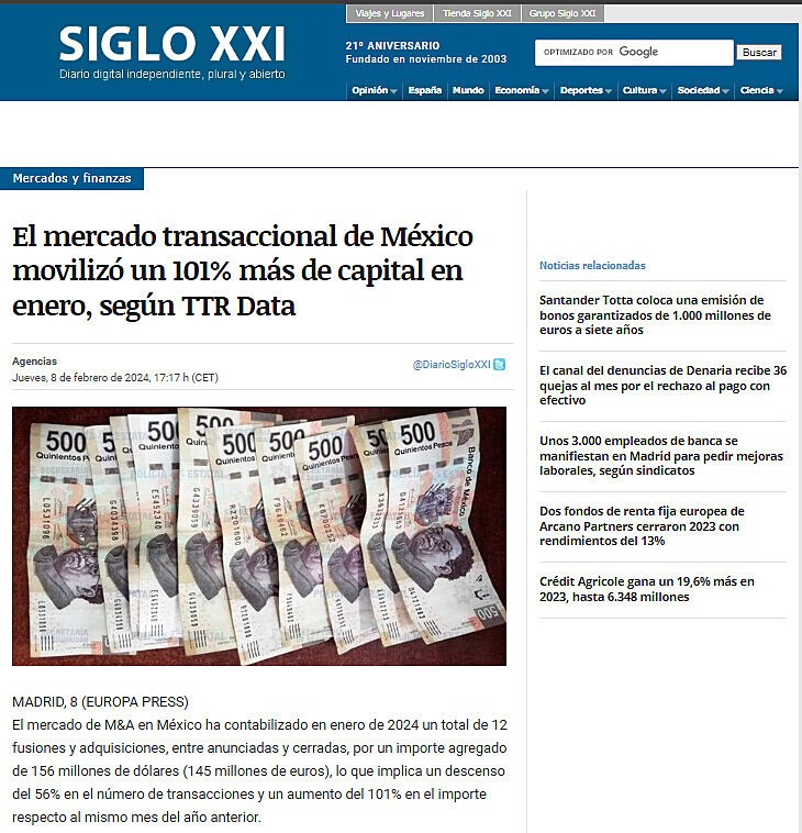 El mercado transaccional de Mxico moviliz un 101% ms de capital en enero, segn TTR Data